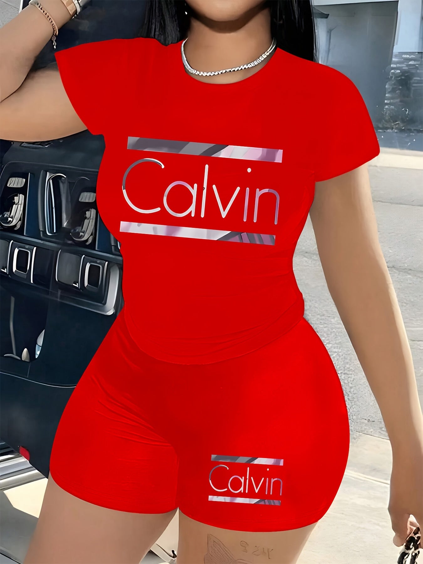 Women'S Calvin Print Red Two-Piece Casual Sportswear Set - Short Sleeve Crop Top & High-Waisted Shorts, Stretchy Polyester Blend, Round Neck, All-Season Comfort, High Waisted