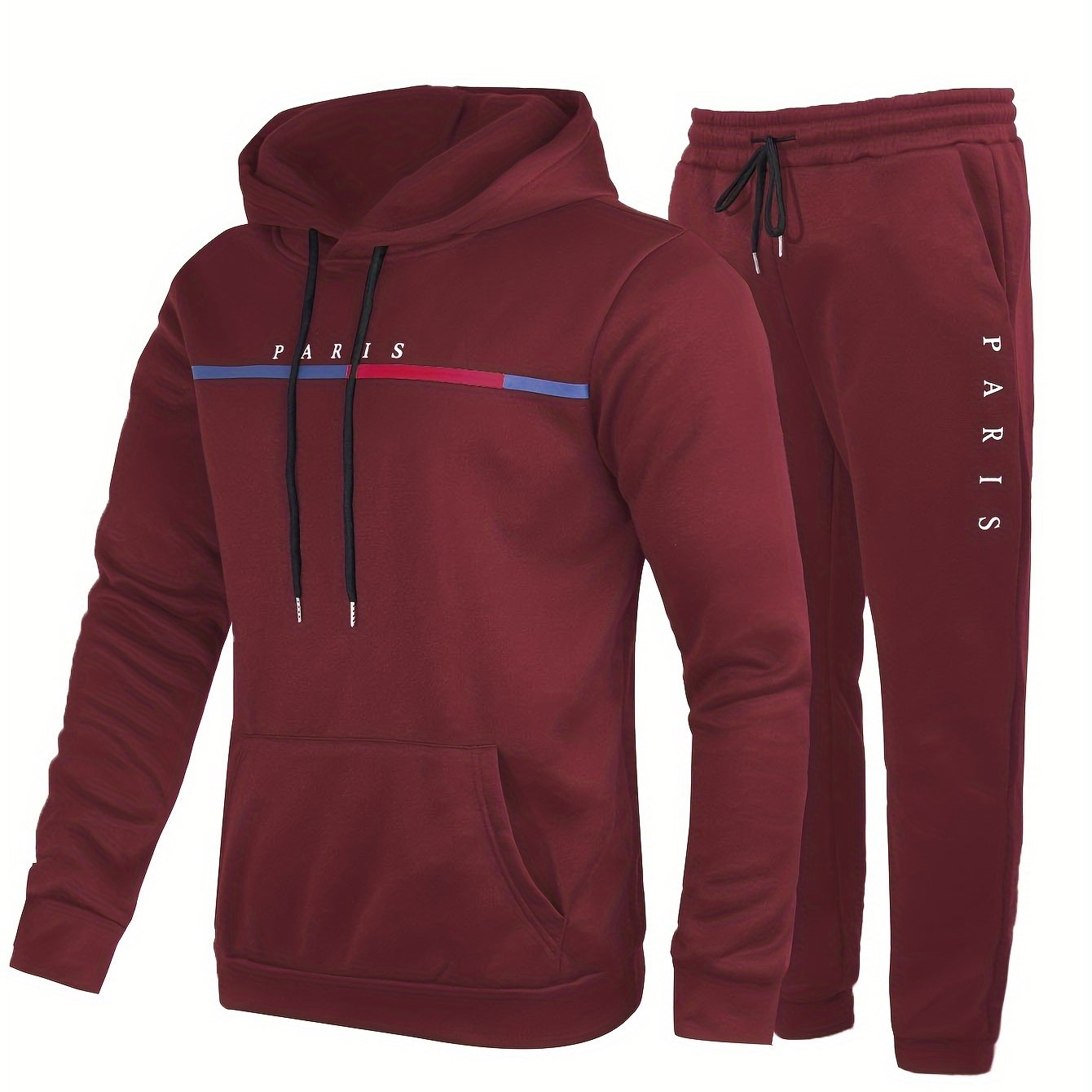 Paris Print, Men's 2Pcs Outfits, Casual Hoodies Long Sleeve Pullover Hooded Sweatshirt And Sweatpants Joggers Set For Spring Fall, Men's Clothing