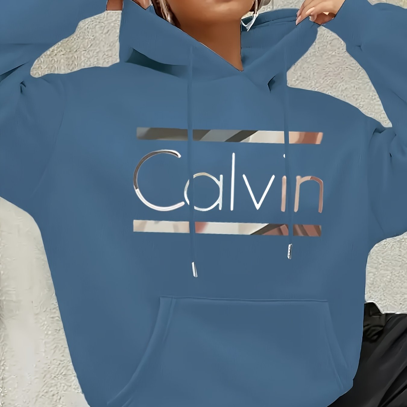 [Cozy Calvin Hoodie] Cozy Polyester Women's "Calvin" Graphic Hoodie | Casual Green Letter Print Pullover with Drawstrings, Long Sleeves, and Front Pocket