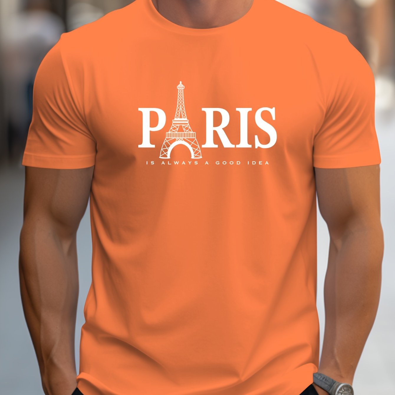 Men's Paris Eiffel Tower Graphic Tee - Casual Crew Neck, Short Sleeve T-Shirt with Stretch Fabric, Machine Washable - Summer Essential