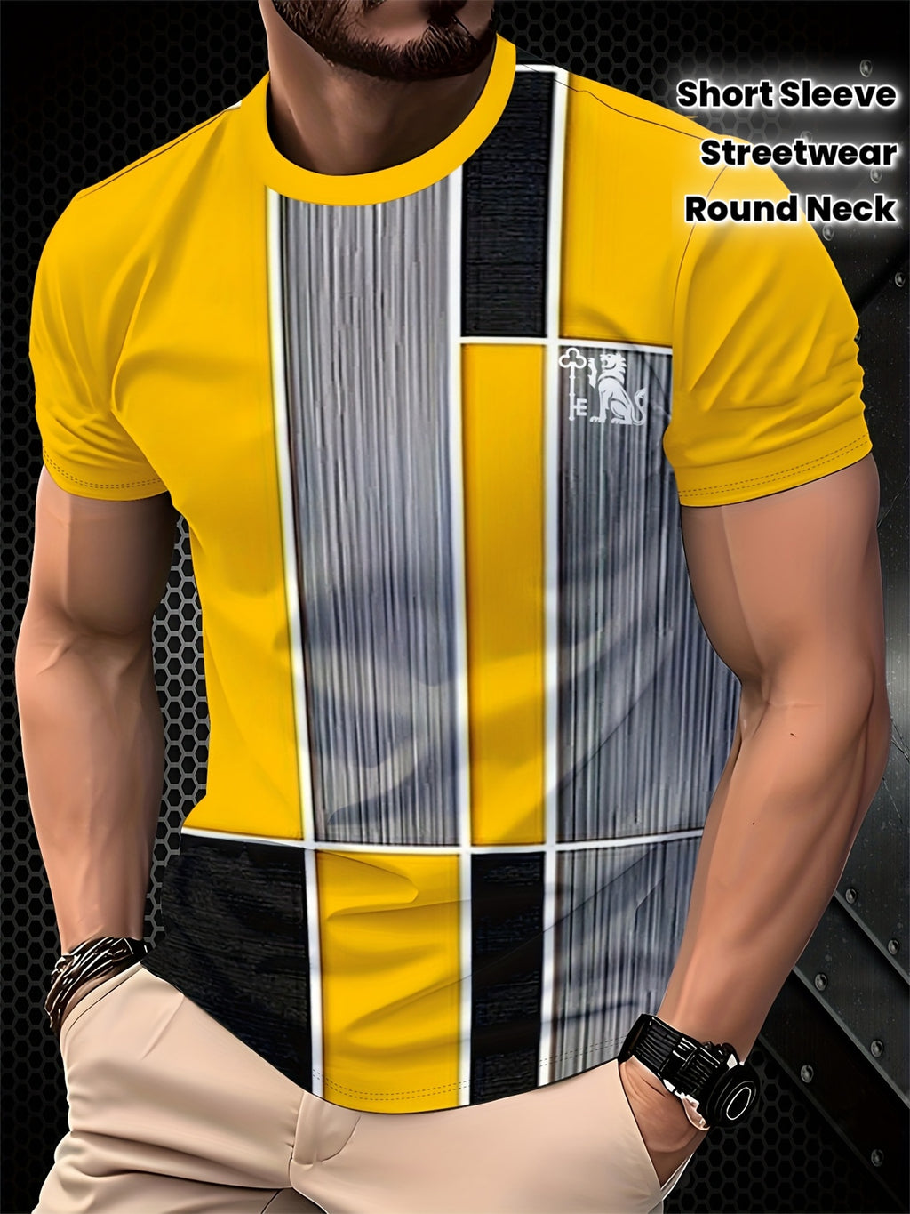 Men's 3D -Over Print Short Sleeve T-Shirt - Summer Breathable Round Neck Casual Streetwear Top with 3D Horizontal Stripes (Front/Back), Soft Machine-Washable Fabric Suitable for Young Men &