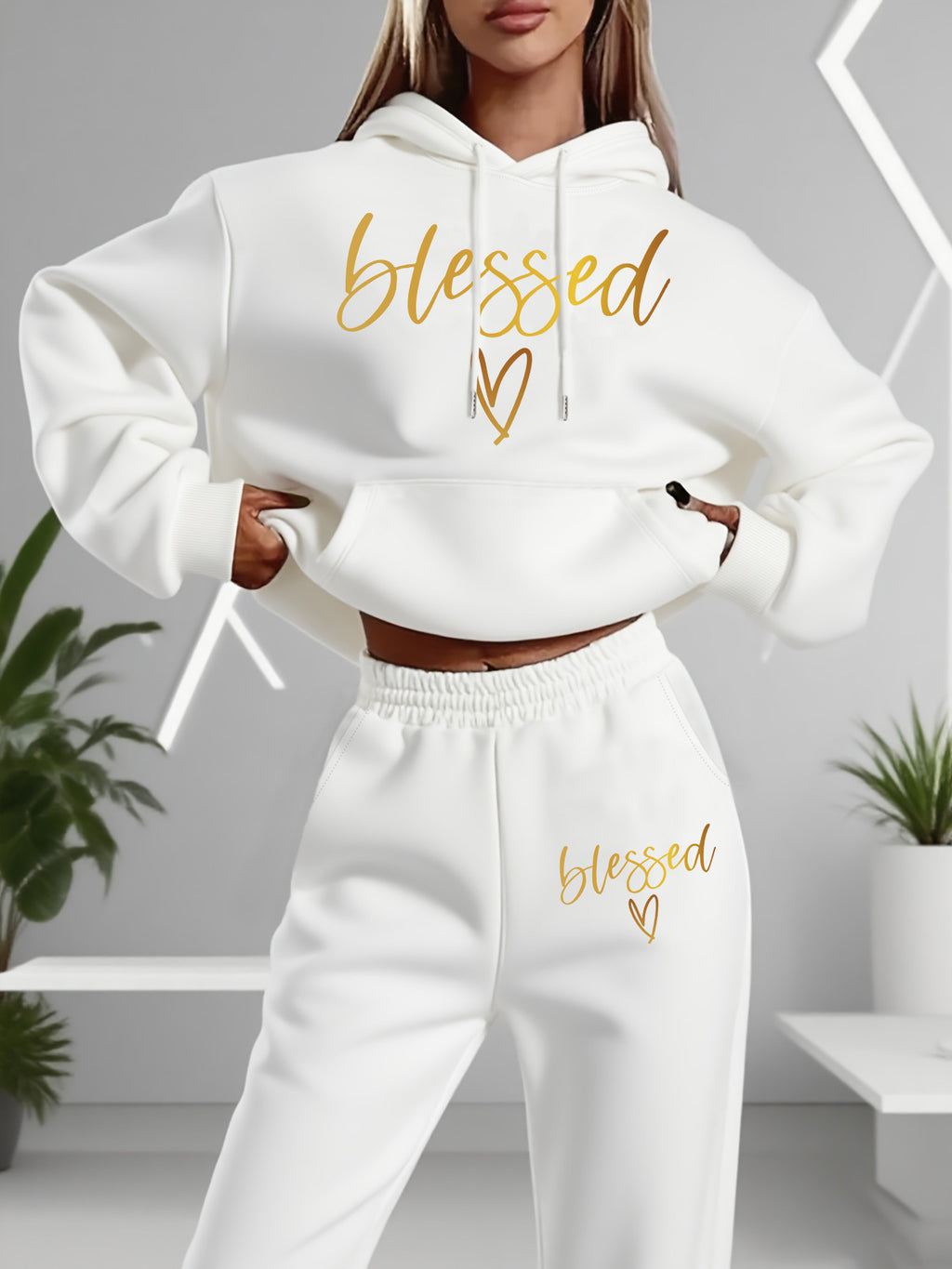 [Fleece-Lined | Casual Set] Fleece-Lined Women's Casual Hoodie & Pants Set - "Blessed" Graphic Print, Drawstring Waist, All-Season Comfort, Casual Attire, Wear, Style