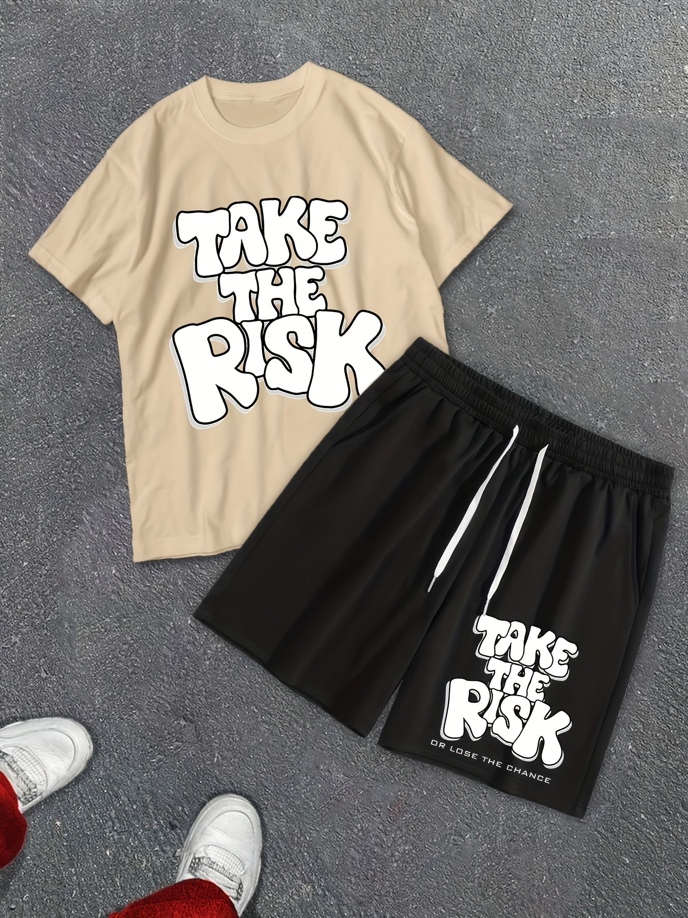 New Men's leisure sports and leisure suit crew neck t-shirt short sleeves + shorts, CALVIN letter geometric lines decorative printing, fashionable, comfortable and breathable, suitable for outdoor activities summer two