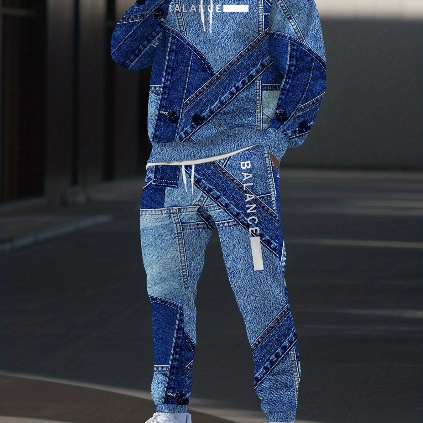 New Blue Denim Patchwork Style Pattern Digital Print Sportswear Set Hooded Sweatshirt + Jogger 2pcs Set with Letter Design and White Stripe Print Fashion Casual Long Sleeve Hoodie and Pants Set