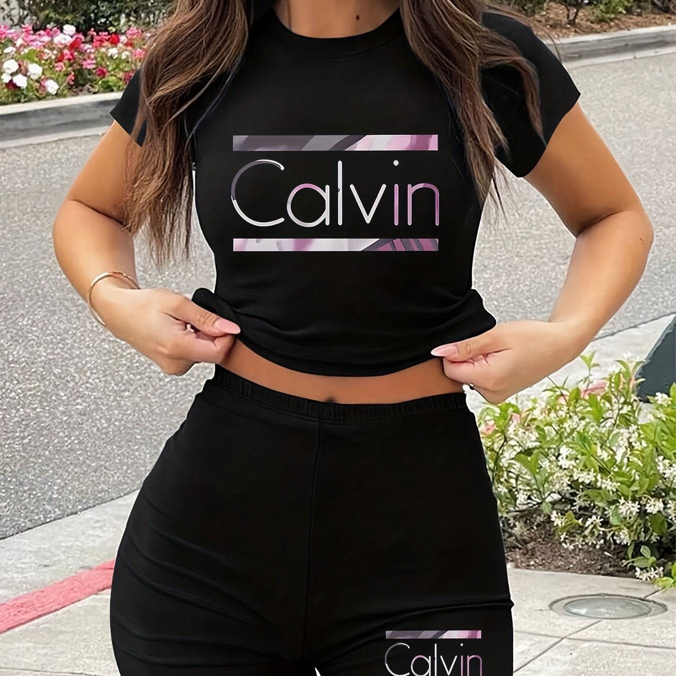 Women'S Calvin Print Red Two-Piece Casual Sportswear Set - Short Sleeve Crop Top & High-Waisted Shorts, Stretchy Polyester Blend, Round Neck, All-Season Comfort, High Waisted