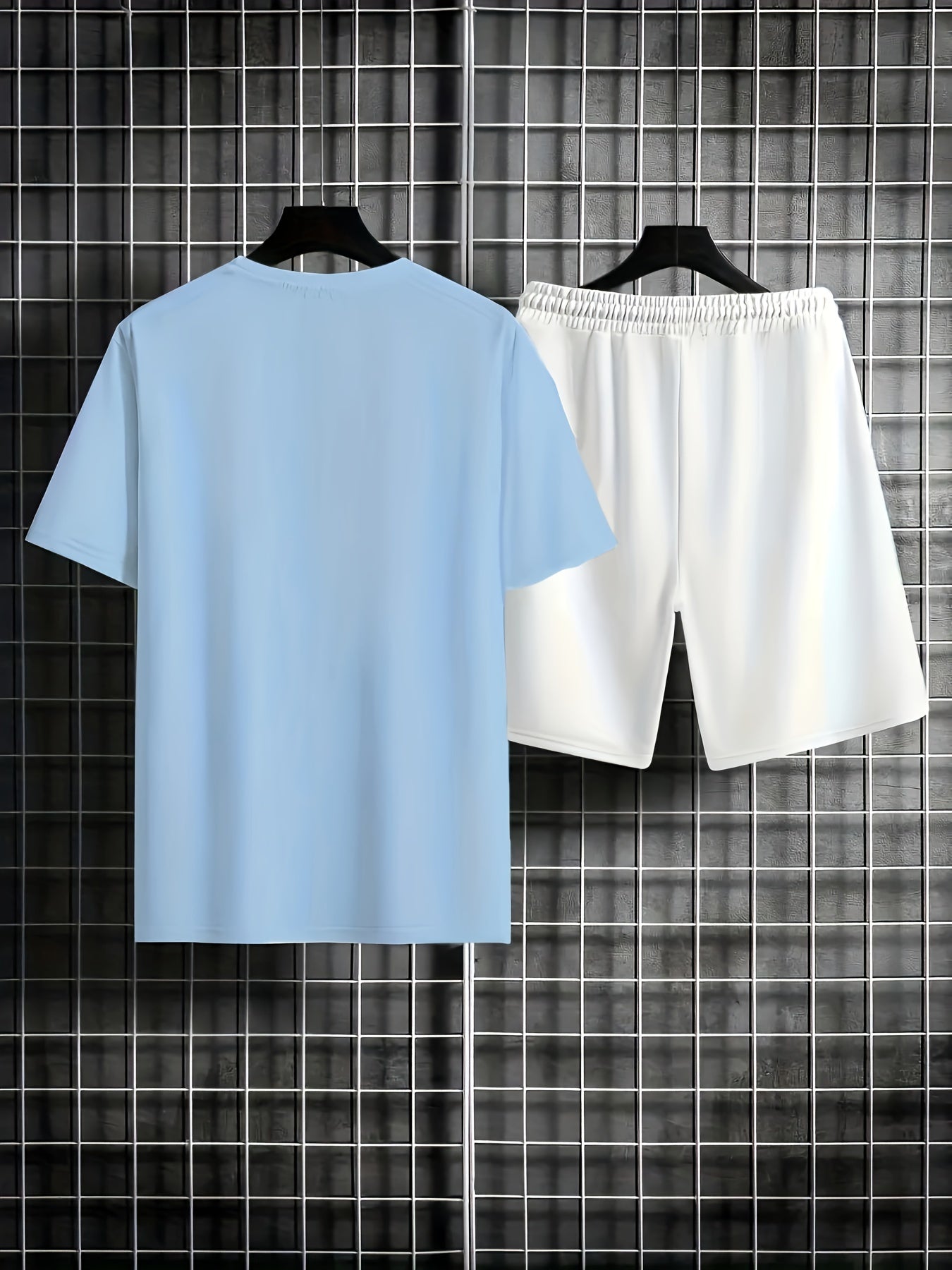 2pcs Paris Print Men's Short Sleeve T-shirt & Drawstring Shorts Casual Sports Regular Tee Top Pants Suit Outfits for Spring Summer