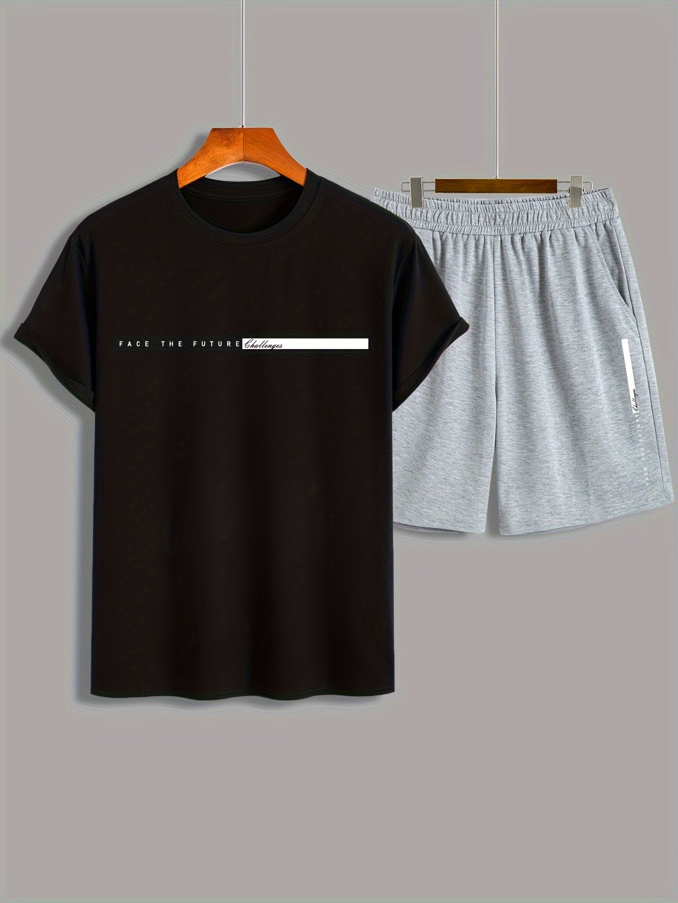 2Pcs Summer Comfy Outfits - Paris Pattern Print Short Sleeve Crew Neck T-shirt & Jogger Shorts Set for Men - Soft Slight Stretch Polyester Fabric, Regular Fit, Hand Washable, Casual Style