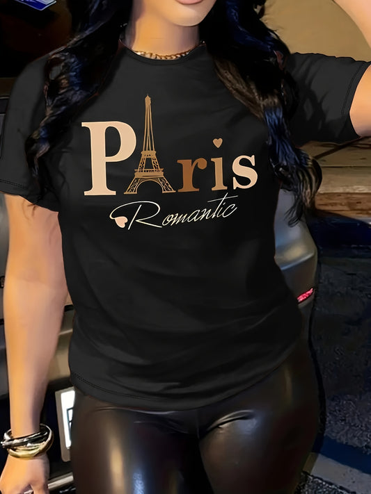 Plus Size Paris Print T-shirt - Women's Casual Short Sleeve Crew Neck Top for Spring & Summer, Vibrant Print, Comfortable Fit, Breathable Fabric, Perfect for Outdoor Activities