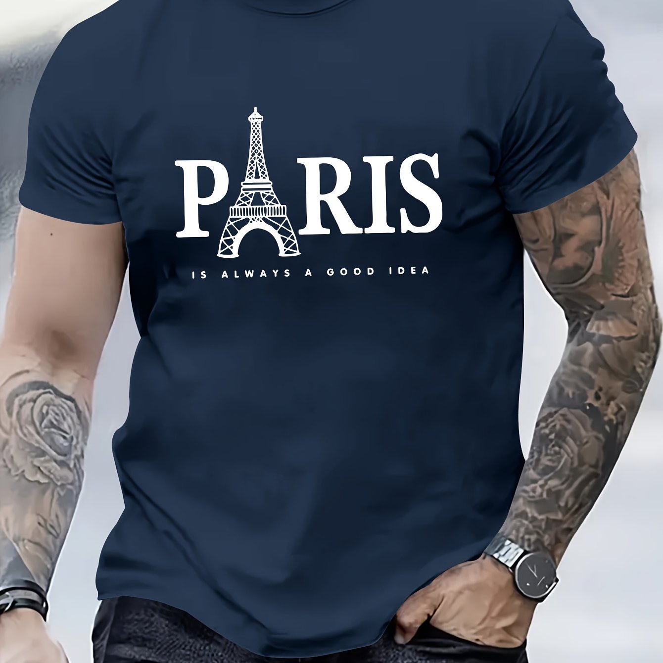 Paris Tower Printed Men's Casual Trendy Fashion Crew Neck T-shirt
