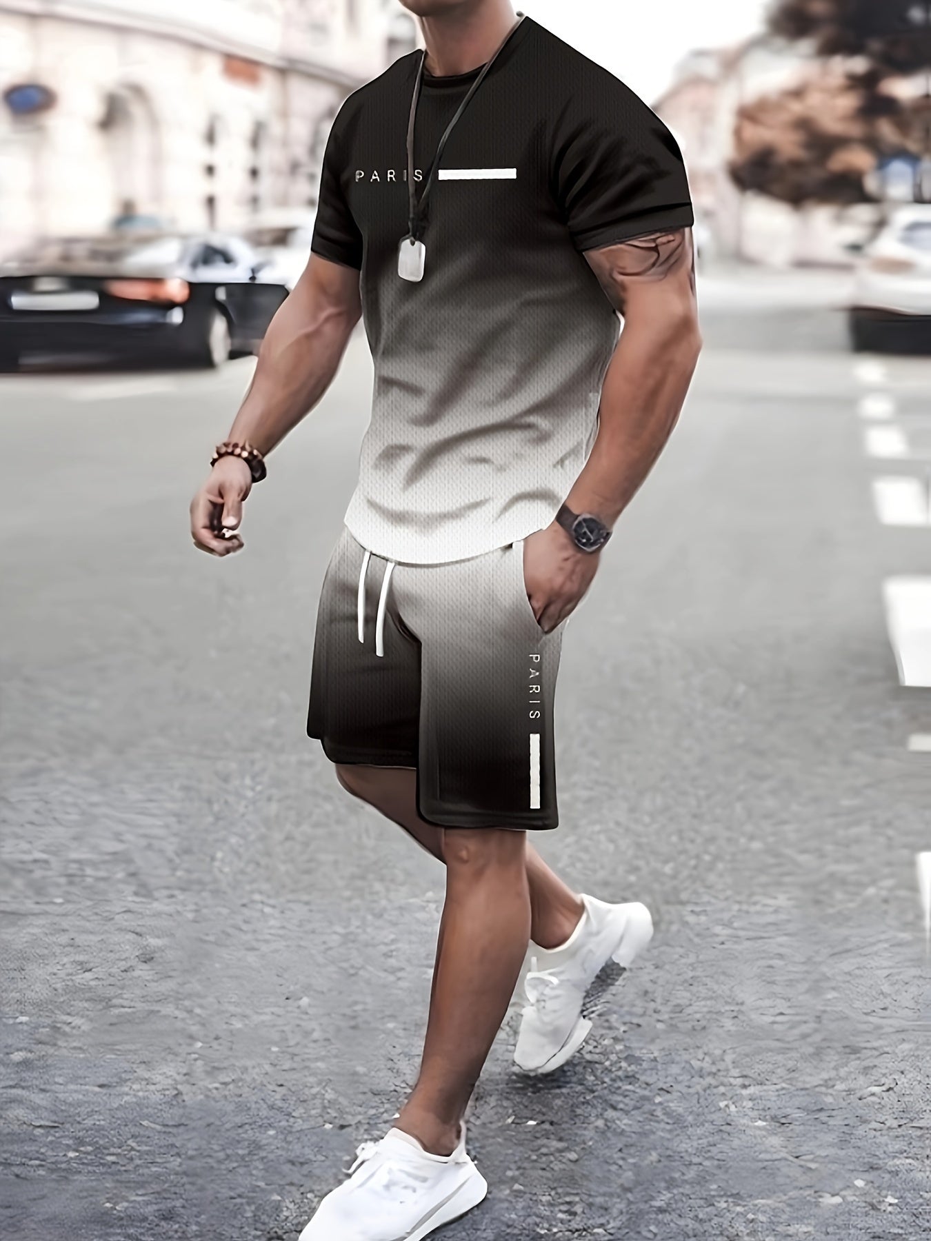 Men's Two-piece Set Of Gradient Color Tops And Shorts, Letter Print "PARIS" Crew Neck And Short Sleeve T-shirt And Shorts With Drawstring And Pockets, Casual And Trendy Set For Summer Outdoors Wear