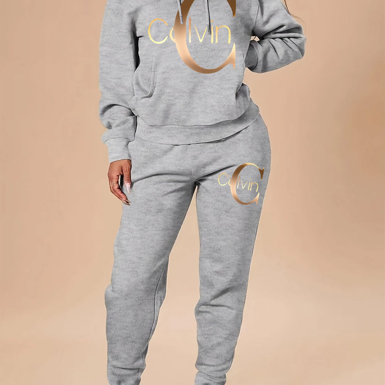 Women'S Calvin Letter Print Hoodie & Pants Set - Black with Golden Accents, Casual Style, All-Season Comfort, Casual Wear|Graphic Print Hoodie|Casual Style Pants, Sweatshirt & Pants Set