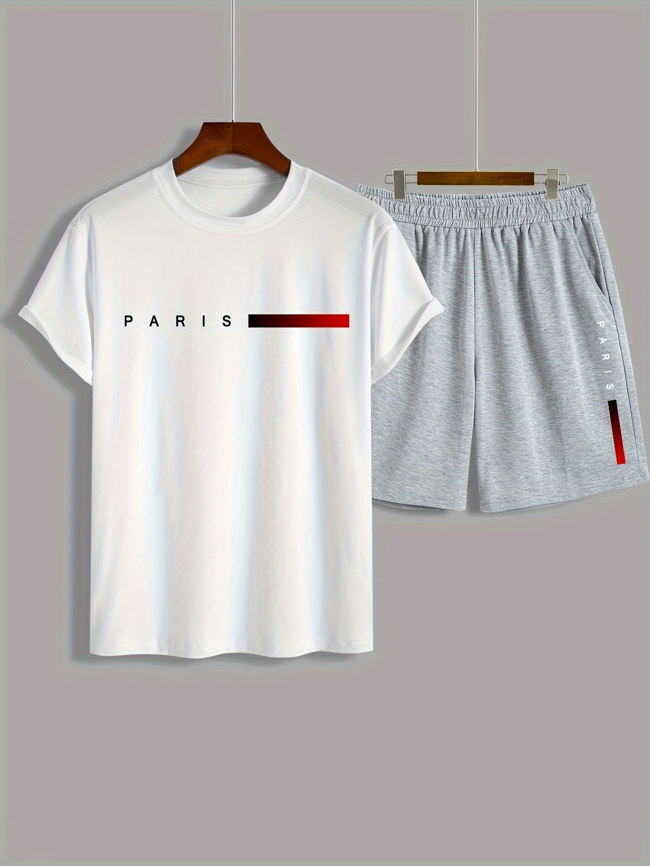 2Pcs Summer Comfy Outfits - Paris Pattern Print Short Sleeve Crew Neck T-shirt & Jogger Shorts Set for Men - Soft Slight Stretch Polyester Fabric, Regular Fit, Hand Washable, Casual Style