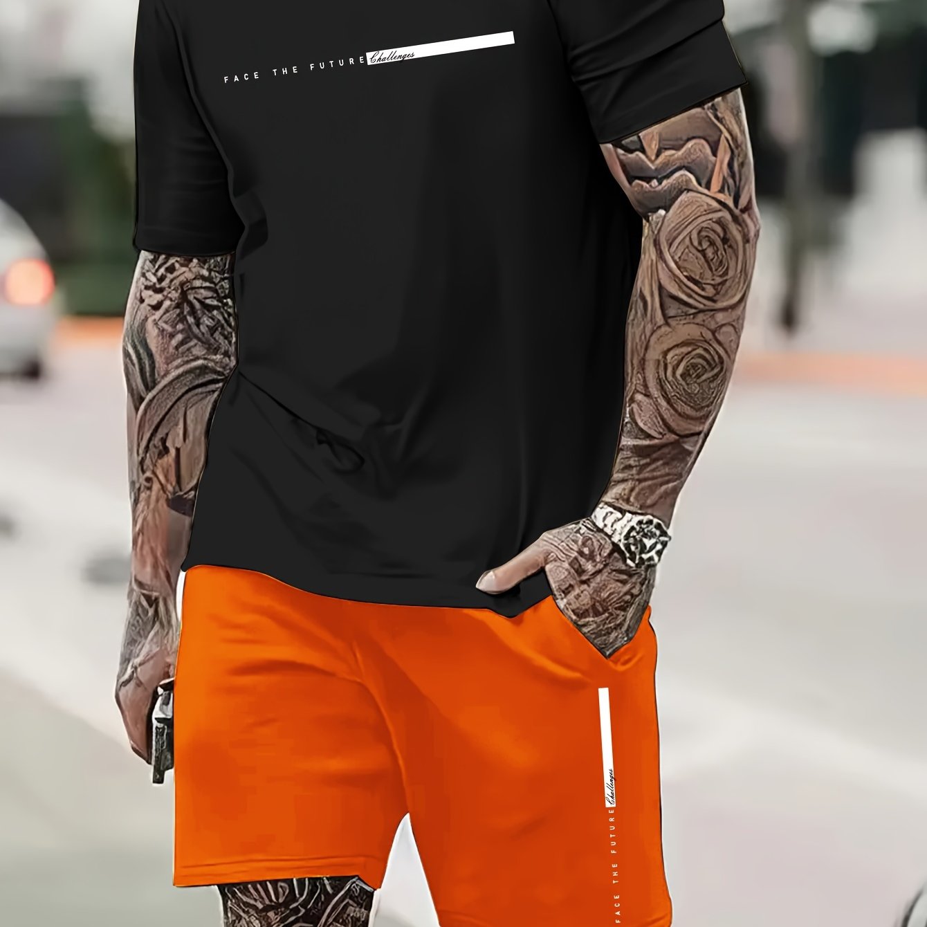 2Pcs Summer Comfy Outfits - Paris Pattern Print Short Sleeve Crew Neck T-shirt & Jogger Shorts Set for Men - Soft Slight Stretch Polyester Fabric, Regular Fit, Hand Washable, Casual Style