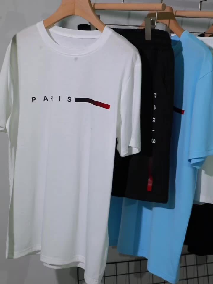 2pcs Paris Print Men's Short Sleeve T-shirt & Drawstring Shorts Casual Sports Regular Tee Top Pants Suit Outfits for Spring Summer