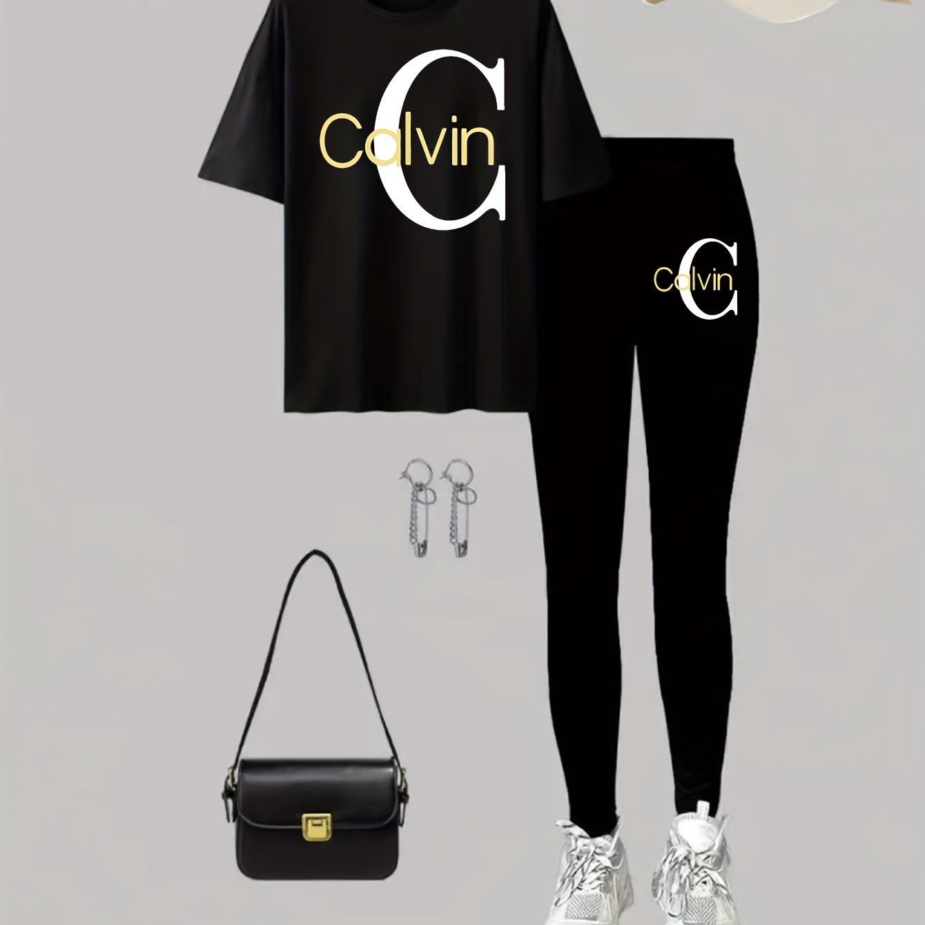 Women'S Plus Size Casual Activewear Set - Short Sleeve Graphic Tee & Pants, Black with White "Calvin" Print, Machine Washable, Perfect for Spring/Summer/Fal