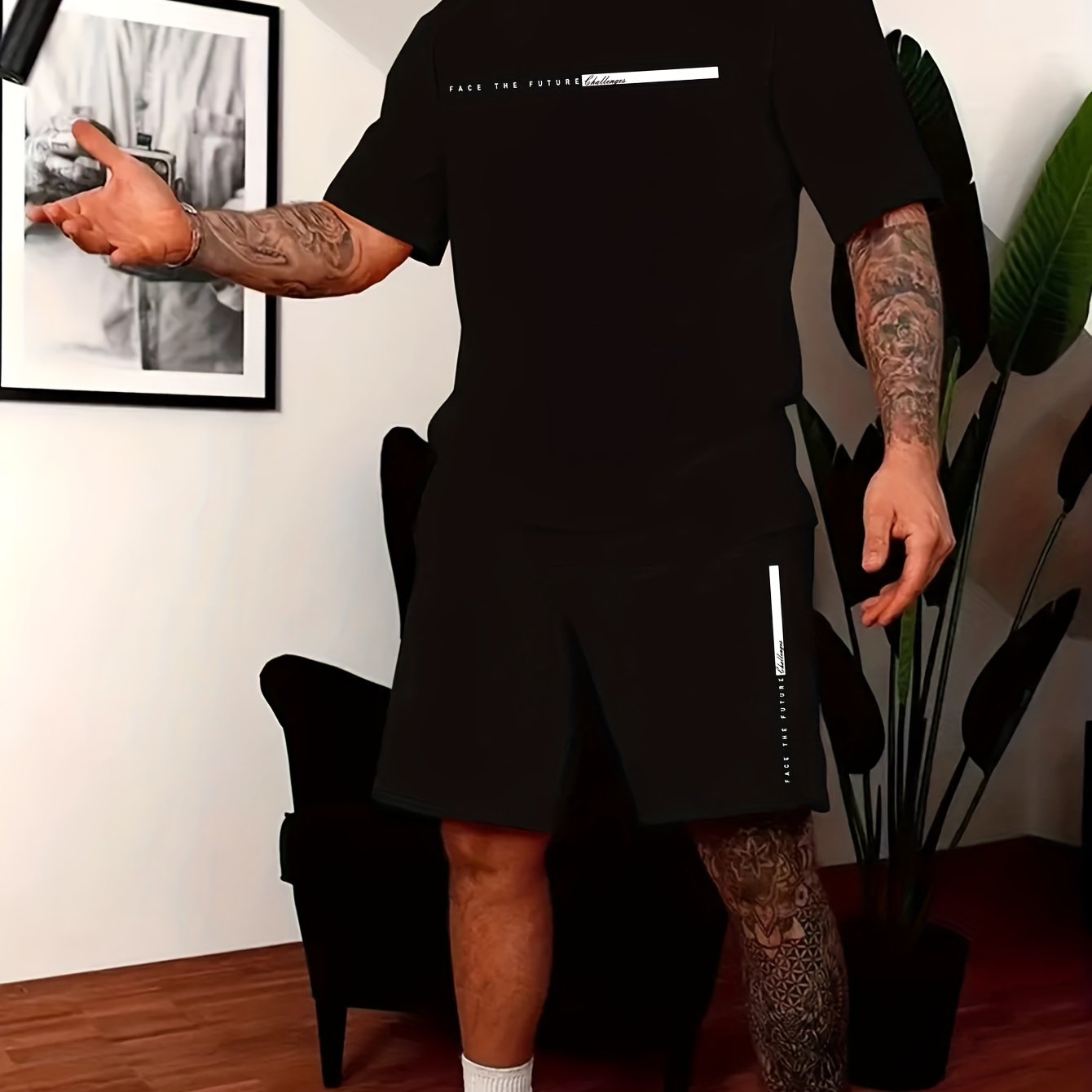 2Pcs Summer Comfy Outfits - Paris Pattern Print Short Sleeve Crew Neck T-shirt & Jogger Shorts Set for Men - Soft Slight Stretch Polyester Fabric, Regular Fit, Hand Washable, Casual Style