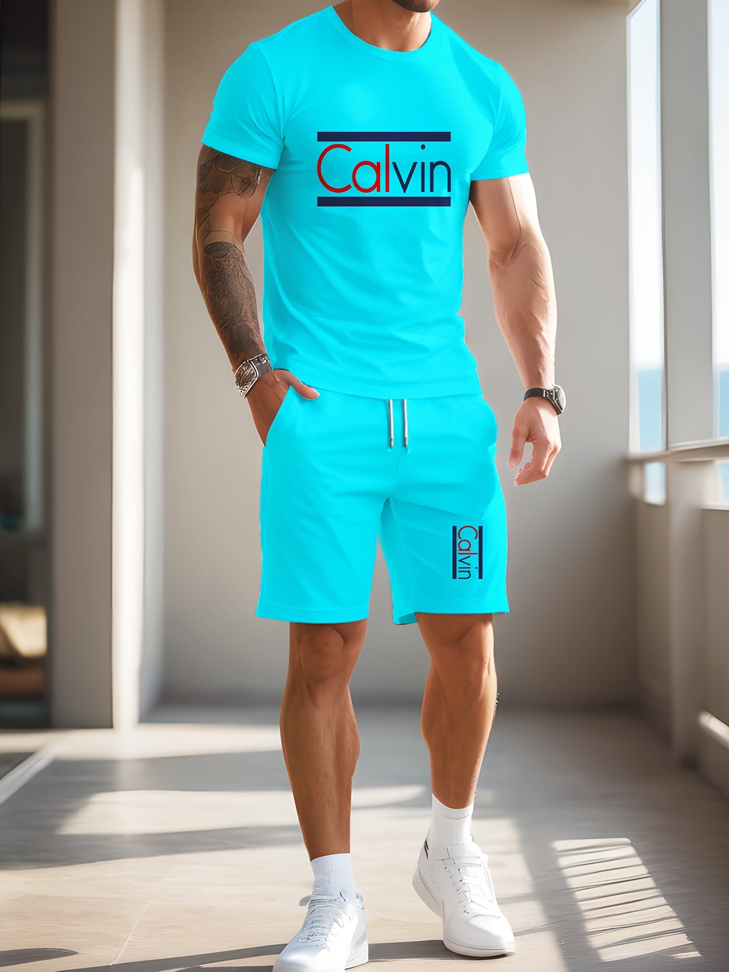 Men'S Casual Street Style 3D Quick-Dry Crew Neck Short Sleeve T-Shirt & Beach Shorts Set - Vibrant Pink with "Calvin" Letter Print, Lightweight Summer Outfit for Casual Attire, Beach Attire|Vibrant Print Tee|Lightweight Fabri