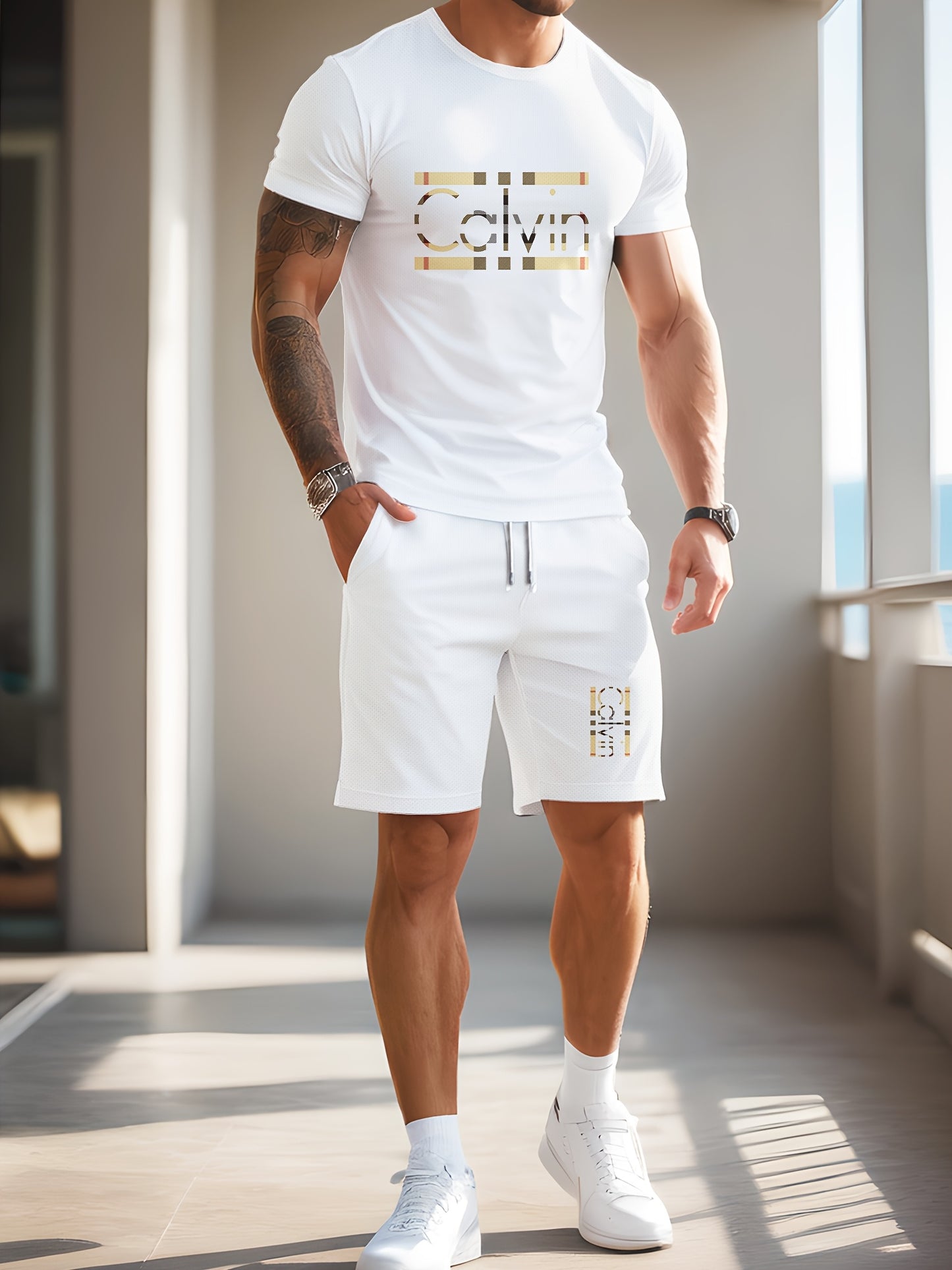 Men'S Casual Street Style 3D Quick-Dry Crew Neck Short Sleeve T-Shirt & Beach Shorts Set - Vibrant Pink with "Calvin" Letter Print, Lightweight Summer Outfit for Casual Attire, Beach Attire|Vibrant Print Tee|Lightweight Fabri