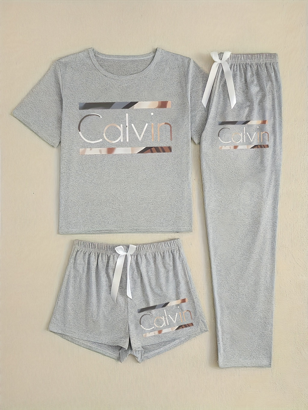 Three-Piece Pajama Set for Women with Calvin Print