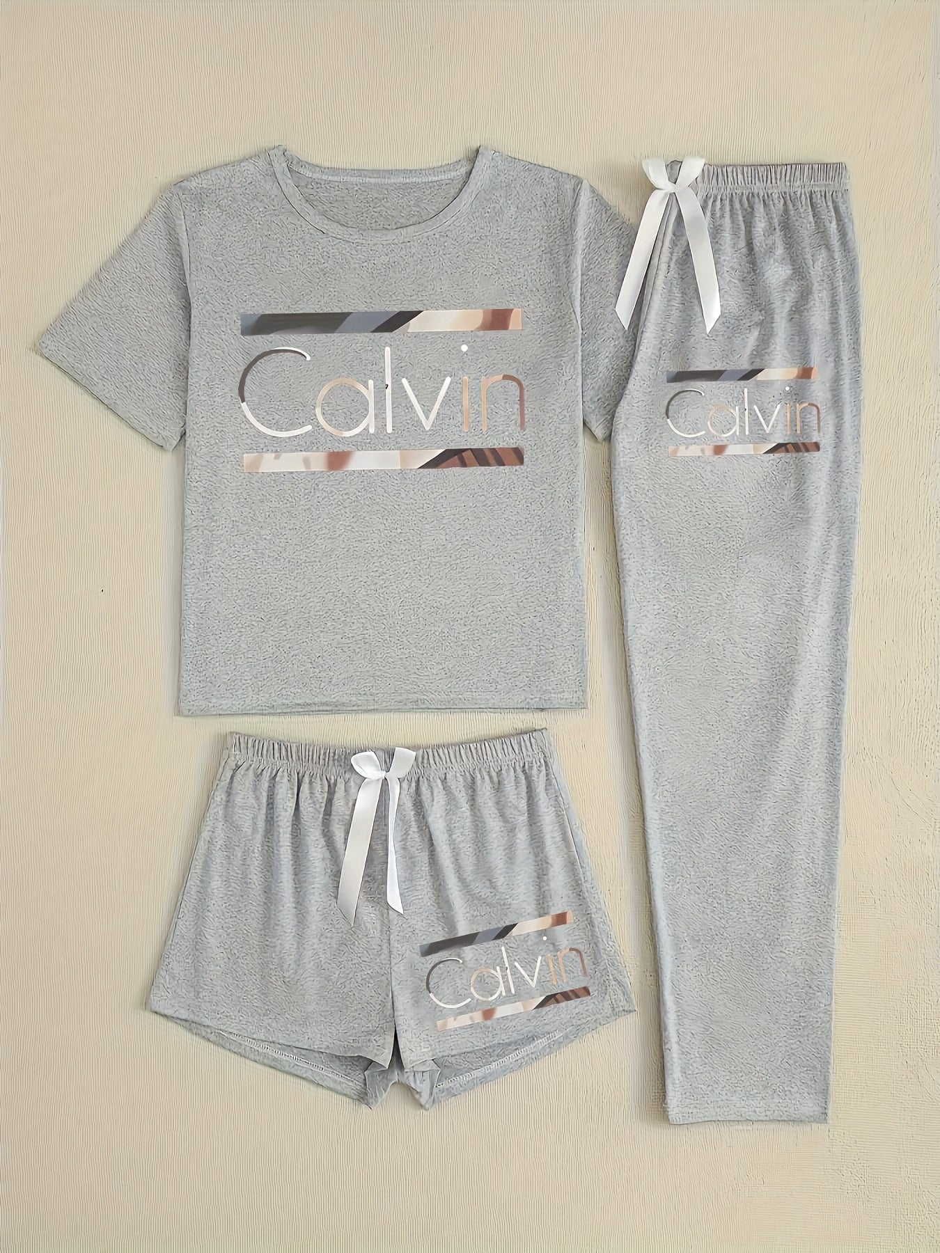 Three-Piece Pajama Set for Women with Calvin Print