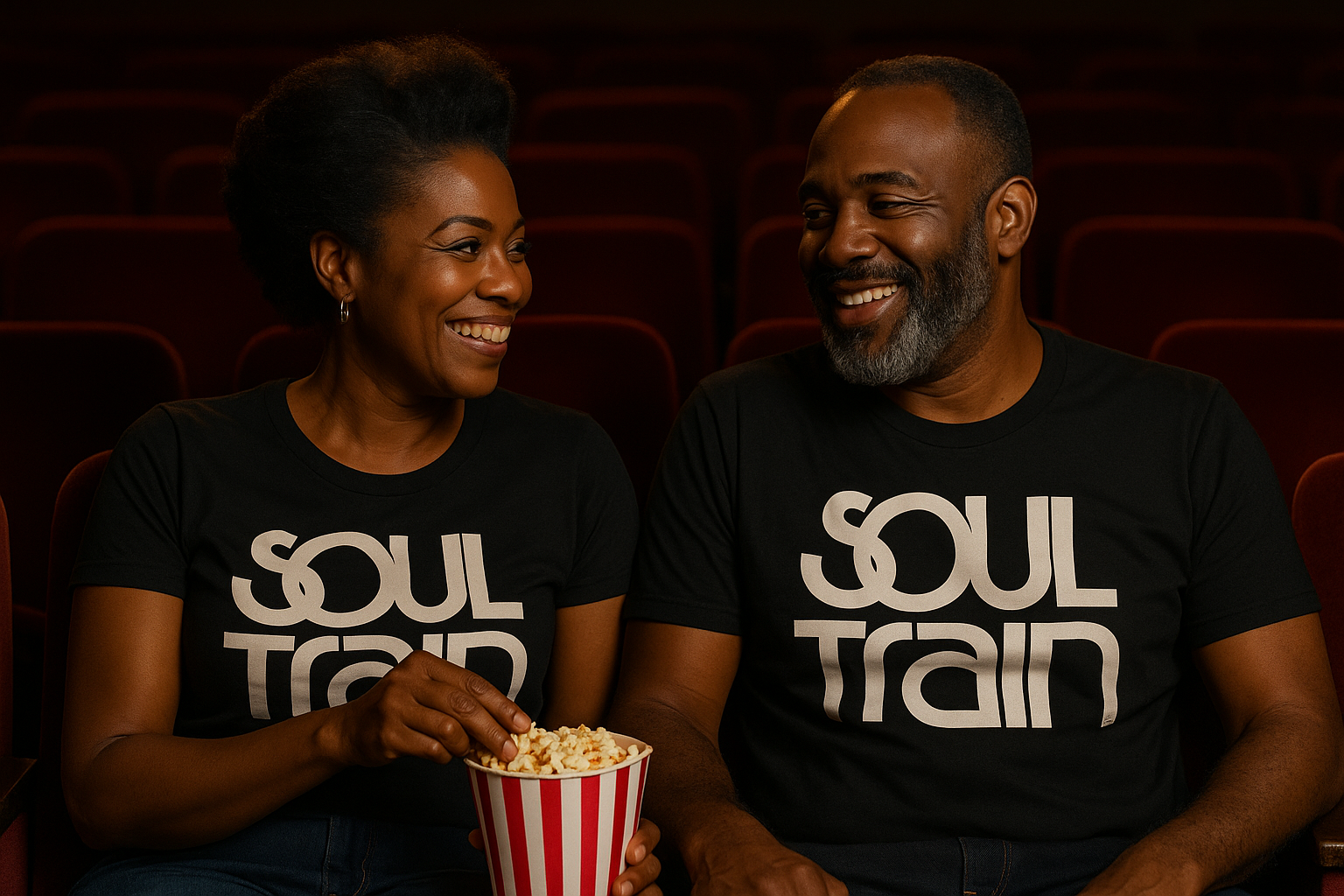 middle aged black couple both with "SOUL TRAIN" tee shirts on in a movie theater
