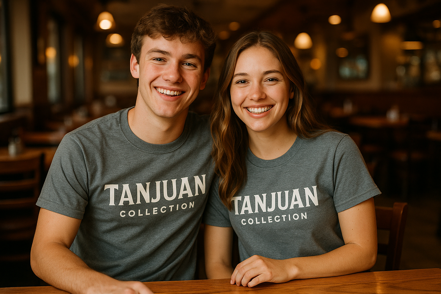 teenage white couple both with "Tanjuan Collection" tee shirts on smiling in a restaurant